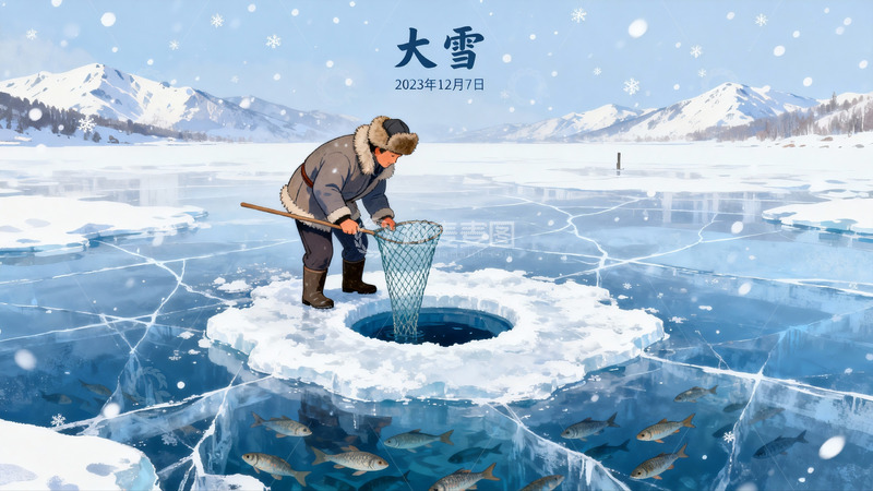 高清大图下载【趣麦麦图】冰钓者在雪景湖面垂钓