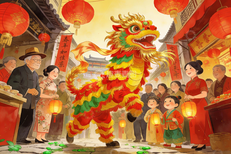 高清大图下载【趣麦麦图】春节舞狮热闹街景
