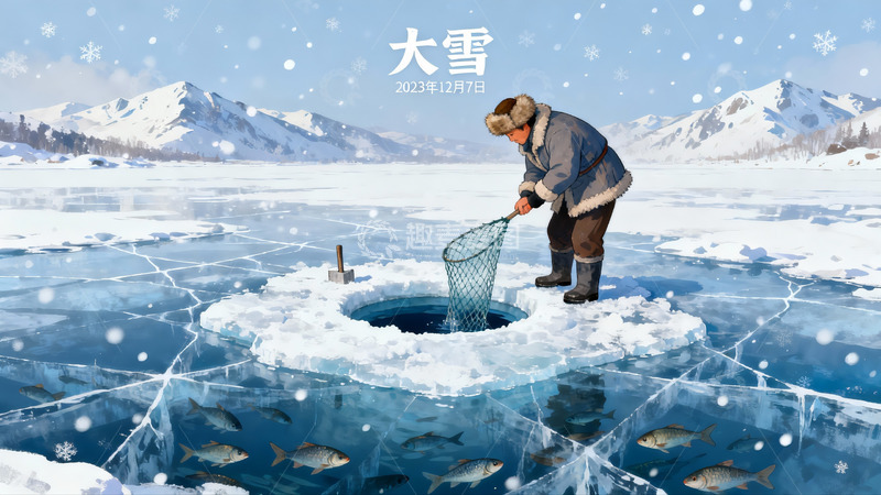 高清大图下载【趣麦麦图】冰钓冬景雪中捕鱼