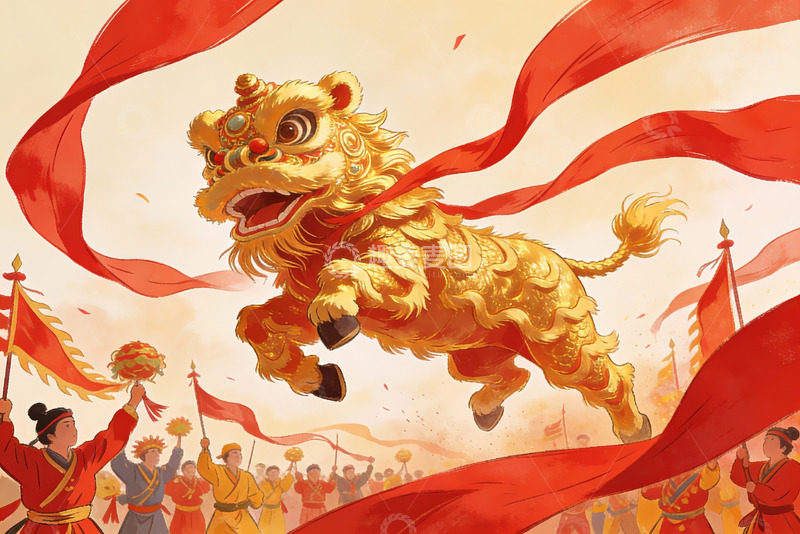 高清大图下载【趣麦麦图】金色舞狮迎春庆佳节