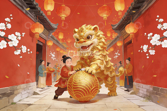 春节舞狮灯笼红墙街景