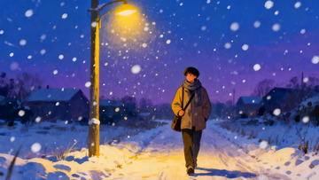 雪夜路灯下行人漫步