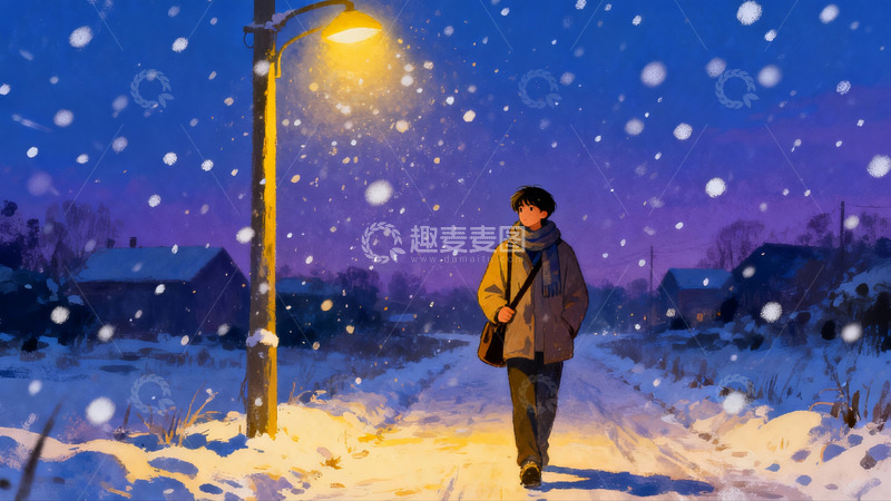 高清大图下载【趣麦麦图】雪夜路灯下行人漫步