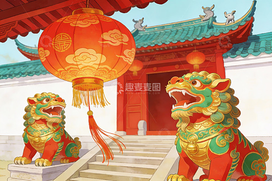 中国传统建筑前的石狮子与红灯笼