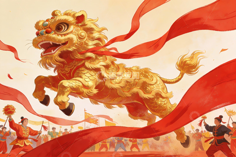 高清大图下载【趣麦麦图】金色舞狮迎春庆佳节