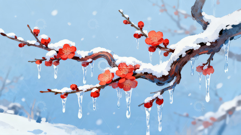 高清大图下载【趣麦麦图】雪中红梅绽放