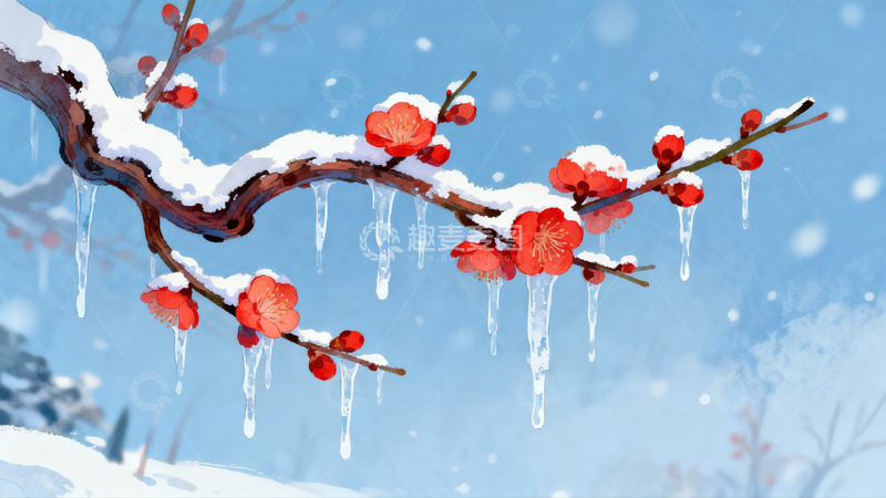 高清大图下载【趣麦麦图】雪中红梅绽放枝头