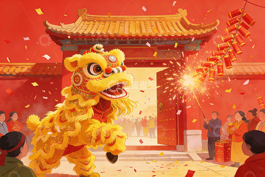 春节舞狮庆典热闹非凡
