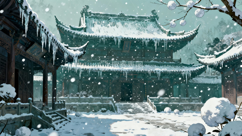 高清大图下载【趣麦麦图】雪中古建筑庭院景象