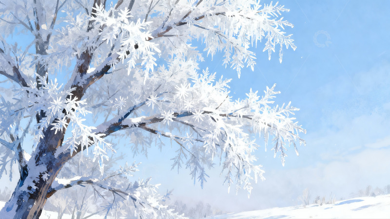 高清大图下载【趣麦麦图】雪覆树枝蓝天映衬冬日美景