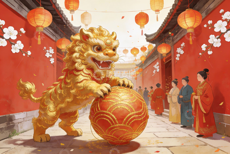 高清大图下载【趣麦麦图】古风街景舞狮迎春