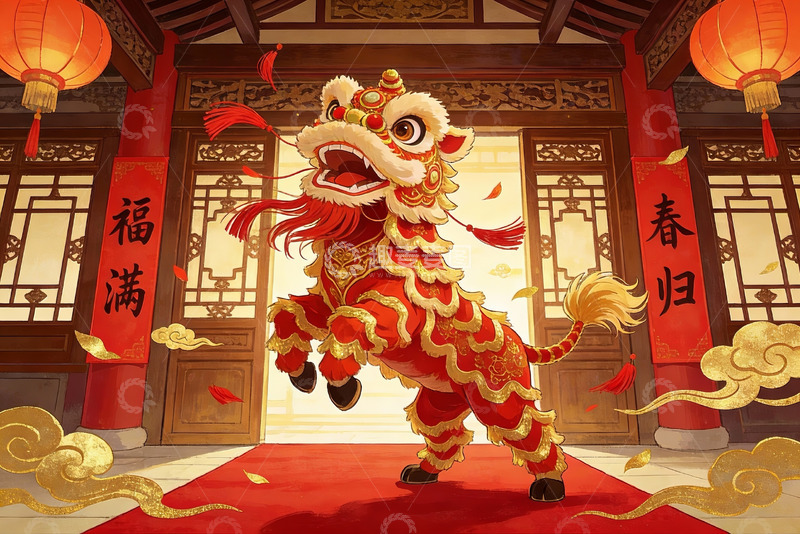 高清大图下载【趣麦麦图】春节舞狮迎春图