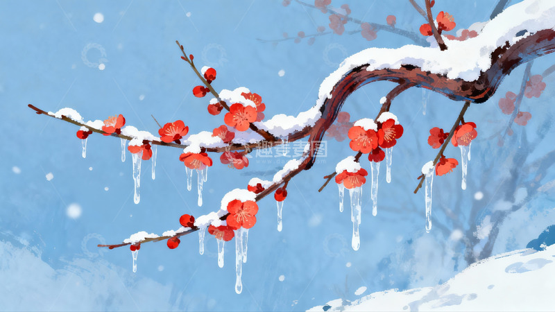 高清大图下载【趣麦麦图】雪中红梅绽放枝头