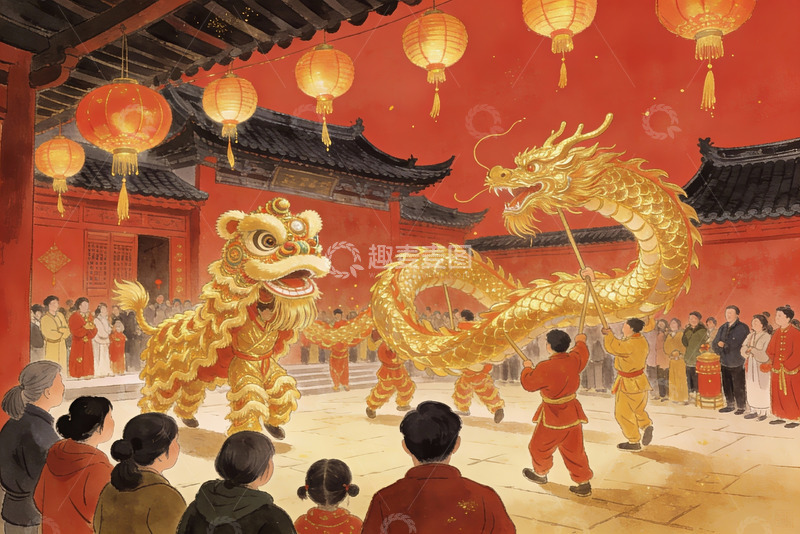 高清大图下载【趣麦麦图】传统舞狮舞龙庆祝节日场景