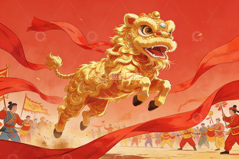 高清大图下载【趣麦麦图】金色舞狮腾空跃起热闹非凡
