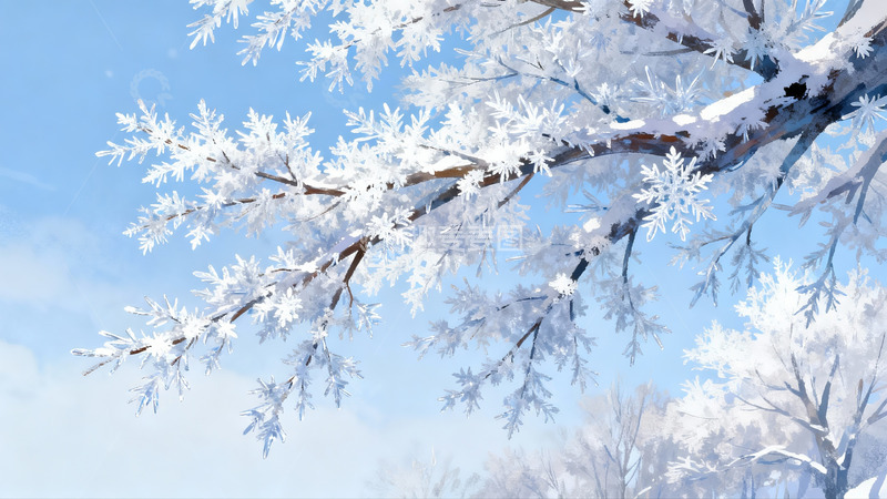 高清大图下载【趣麦麦图】雪覆树枝蓝天映衬冬日美景