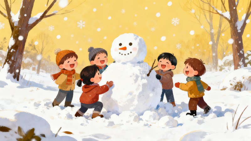 高清大图下载【趣麦麦图】儿童雪地堆雪人欢乐场景