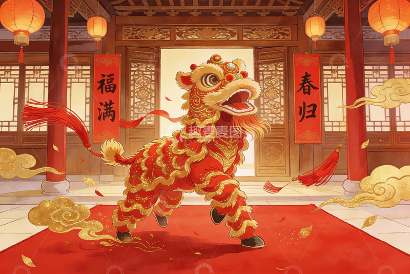 高清大图下载【趣麦麦图】春节舞狮迎春图