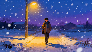 雪夜路灯下行人漫步