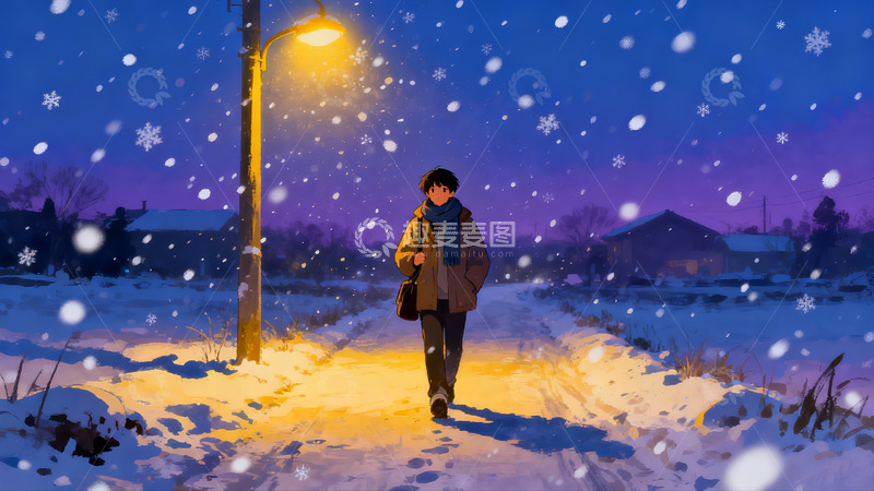 高清大图下载【趣麦麦图】雪夜路灯下行人漫步