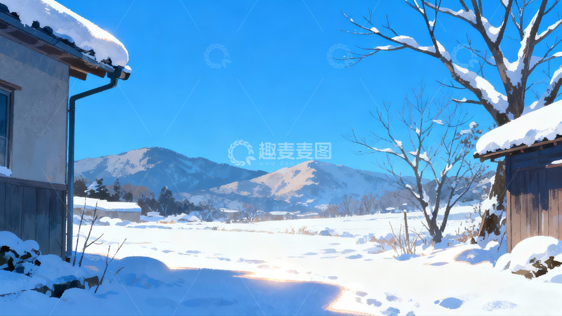 高清大图下载【趣麦麦图】雪后山村晴朗冬景