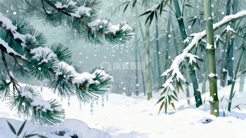 高清大图下载【趣麦麦图】雪中松竹静谧冬景