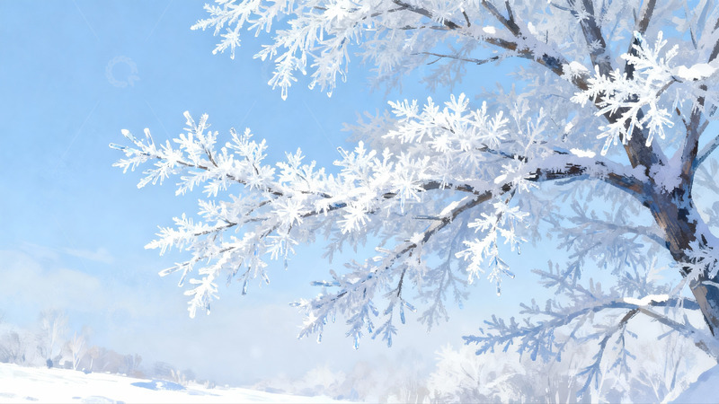 高清大图下载【趣麦麦图】雪覆树枝蓝天映衬冬日美景