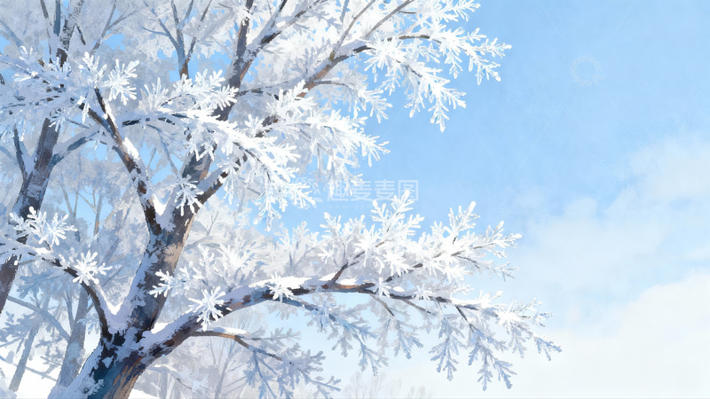 高清大图下载【趣麦麦图】雪覆树枝蓝天映衬冬日美景