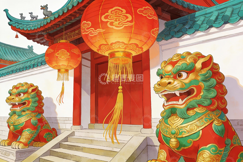 高清大图下载【趣麦麦图】古建筑门前红灯笼石狮子