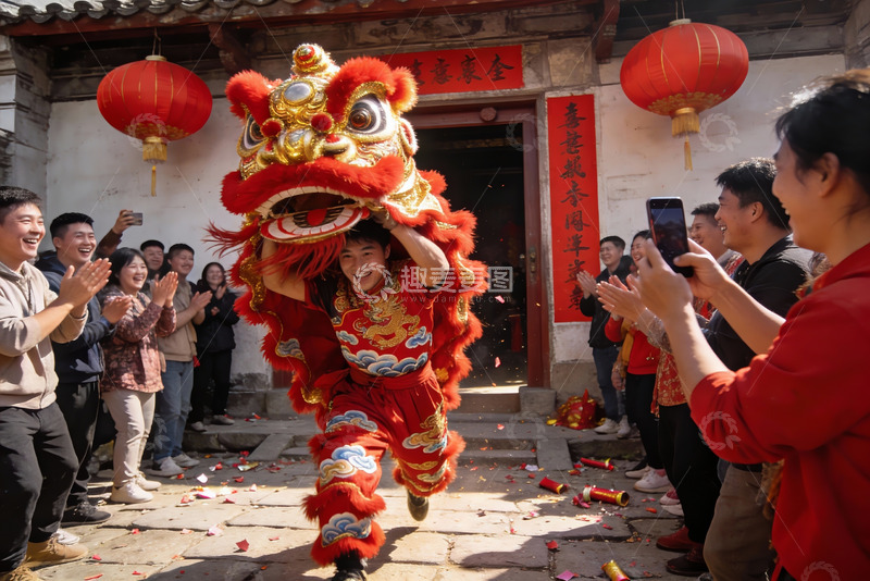 高清大图下载【趣麦麦图】舞狮表演热闹非凡众人围观