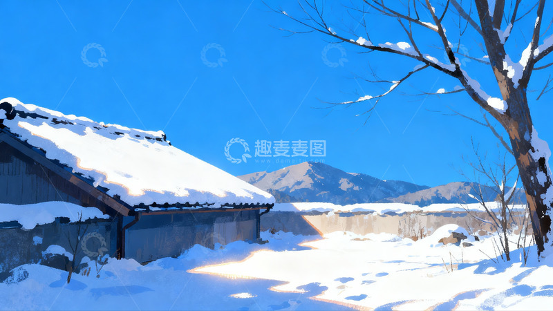 高清大图下载【趣麦麦图】雪覆古屋远山蓝天