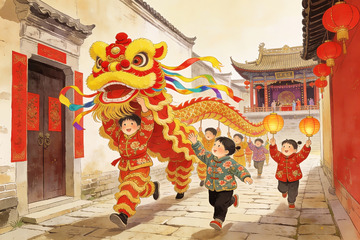 孩童舞狮闹新春