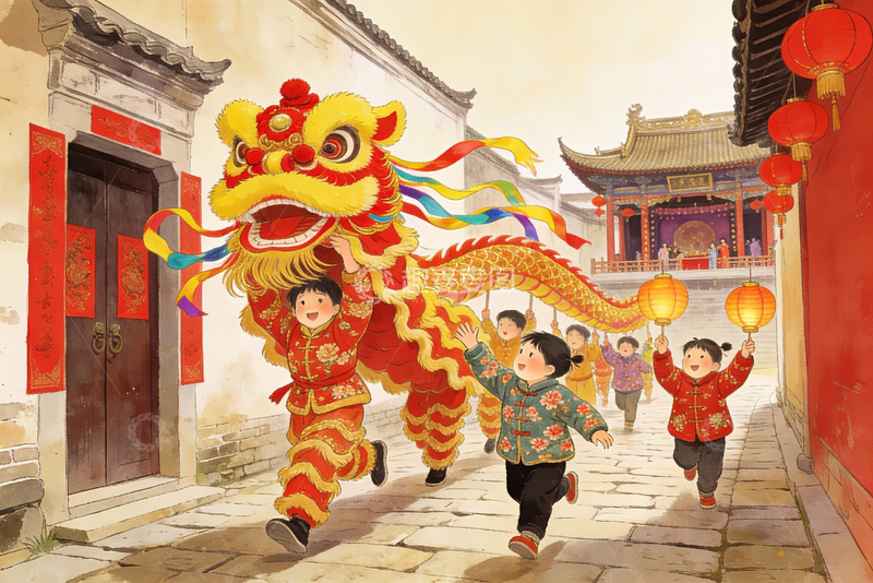 高清大图下载【趣麦麦图】孩童舞狮闹新春