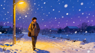 雪夜路灯下行人漫步