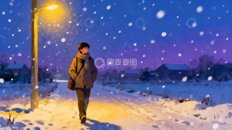 高清大图下载【趣麦麦图】雪夜路灯下行人漫步