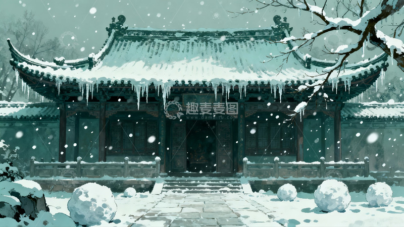 高清大图下载【趣麦麦图】雪覆古建筑屋檐挂冰凌