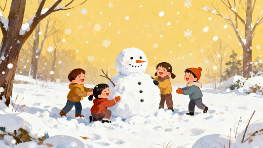 四个孩子堆雪人欢乐冬景