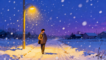 雪夜路灯下行人漫步