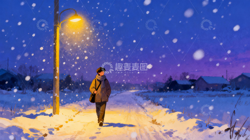 高清大图下载【趣麦麦图】雪夜路灯下行人漫步