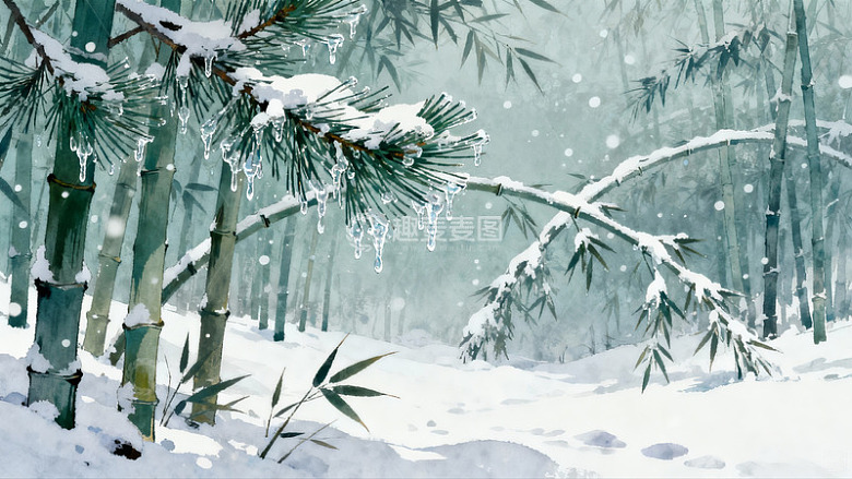 雪覆竹林静谧冬景