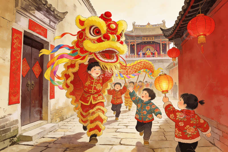 高清大图下载【趣麦麦图】春节舞狮儿童提灯欢庆场景