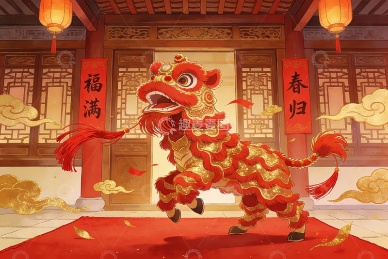 高清大图下载【趣麦麦图】舞狮迎春传统节日场景