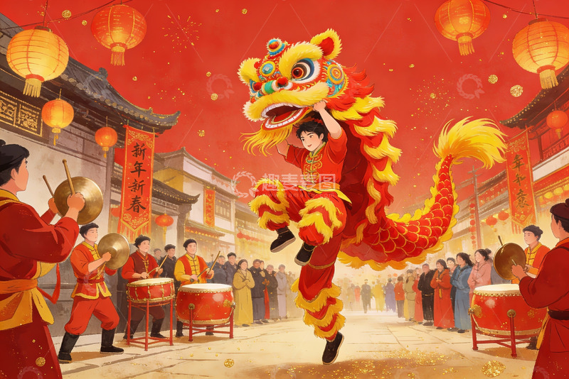 高清大图下载【趣麦麦图】舞狮表演热闹非凡