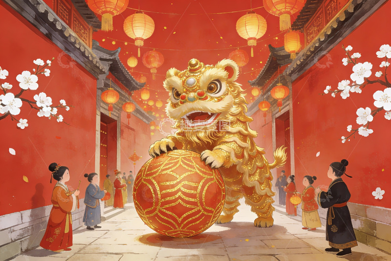高清大图下载【趣麦麦图】春节舞狮热闹街景