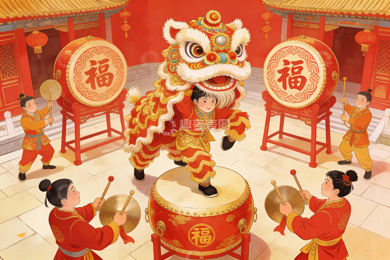 高清大图下载【趣麦麦图】舞狮表演热闹非凡