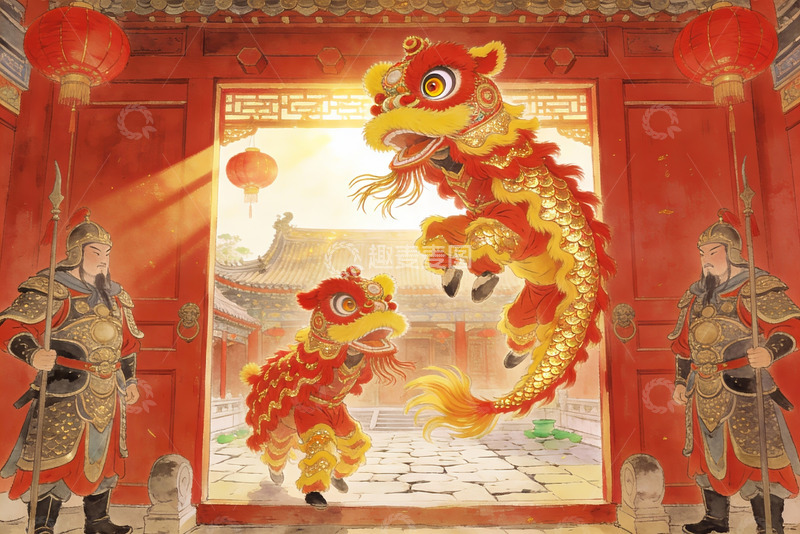 高清大图下载【趣麦麦图】传统舞狮庆典场景