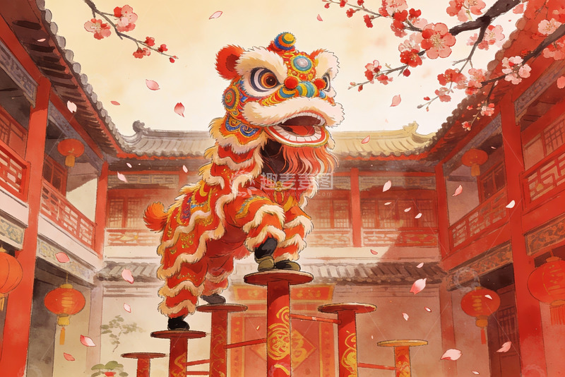 高清大图下载【趣麦麦图】舞狮表演于传统建筑前