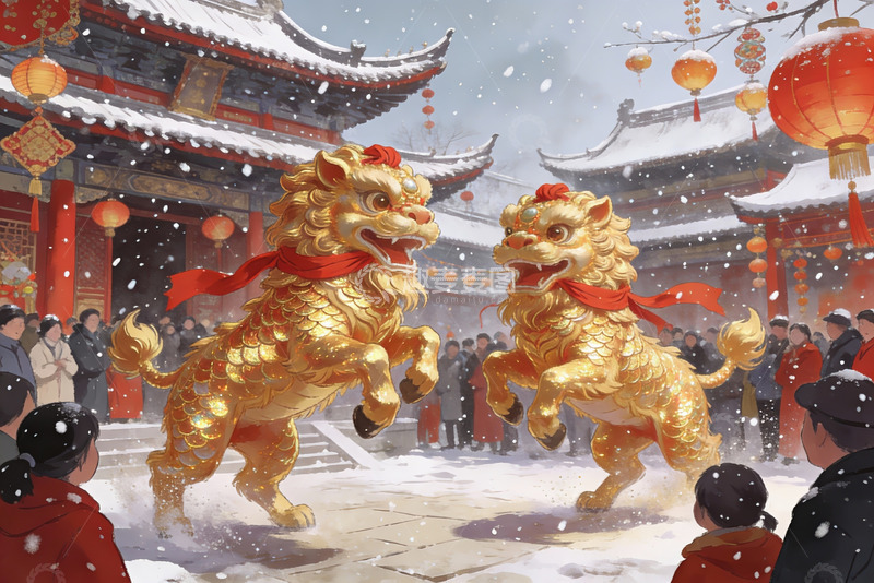 高清大图下载【趣麦麦图】雪中舞狮迎新春