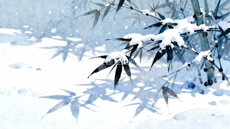 高清大图下载【趣麦麦图】雪覆竹枝水墨画