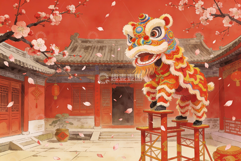 高清大图下载【趣麦麦图】传统舞狮迎春庭院景象